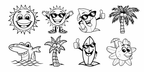 Collection of cartoon summer characters including sun surfboard palm tree and crocodile in black and white outline style
