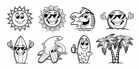 Naklejka premium Collection of cartoon summer vacation characters including sun fish surfboard and palm trees