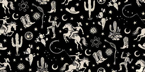 Whimsical western cowboy and cowgirl pattern with cacti horses boots and stars on black