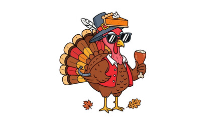 Cool Thanksgiving Turkey Character Holding a Drink and Wearing Sunglasses.