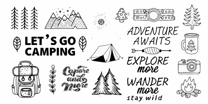 Collection of hand drawn camping and adventure elements with inspirational quotes for outdoor enthusiasts
