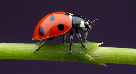 A ladybug with black spots on a red shell crawls on a green stem against a dark purple background