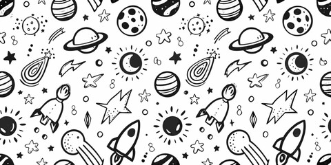 Whimsical hand drawn doodle pattern of planets rockets stars and comets in black and white