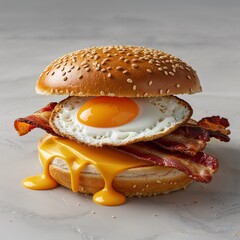 That is a mouth-watering image of a **breakfast sandwich**!

It appears to be made with a **sesame seed bun** and stacked with:

* **Crispy bacon**
* **Melted cheese** (which is delightfully dripping)