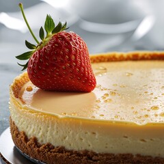 Caramel Drizzle Cheesecake with Fresh Strawberry 
Decadent Cheesecake Topped with Caramel and a Single Strawberry 
Golden Cheesecake Perfection strawberry