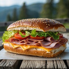 "The Art of the Perfect Sandwich: Layers of Freshly Sliced Ham, Melted Golden Cheese, Crisp Lettuce, and Juicy Tomatoes Rest Between Two Halves of a Soft, Sesame-Topped Bun&mdash;A Harmonious Balance of Fla