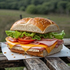 "The Art of the Perfect Sandwich: Layers of Freshly Sliced Ham, Melted Golden Cheese, Crisp Lettuce, and Juicy Tomatoes Rest Between Two Halves of a Soft, Sesame-Topped Bun&mdash;A Harmonious Balance of Fla