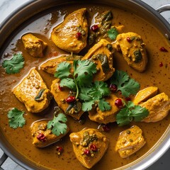"A Symphony of Spice and Warmth: Tender Pieces of Chicken Gently Simmered in a Golden, Aromatic Curry, Infused with Layers of Earthy Herbs, Fiery Chilies, and Creamy Perfection, Topped with Fresh Cori