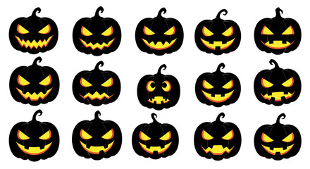 Collection of spooky jack-o'-lantern faces with glowing orange eyes for halloween decor and seasonal celebrations isolated on white background
