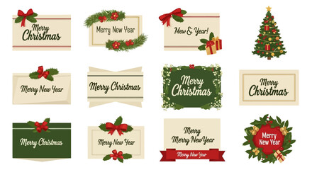 Christmas and New Year Greeting Card Collection with Festive Decorations.