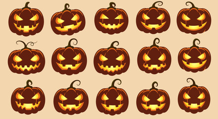 Spooky jack o lantern collection for halloween festive decorations glowing faces carved pumpkins autumn celebration harvest season scary ambiance isolated on white background
