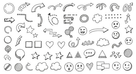 Hand-Drawn Doodle Elements: Arrows Shapes and Emoticons Collection.
