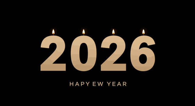 Golden 2026 new year celebration candles glowing with warm light sparkle festive typography for upcoming holiday season wishes isolated on white background
