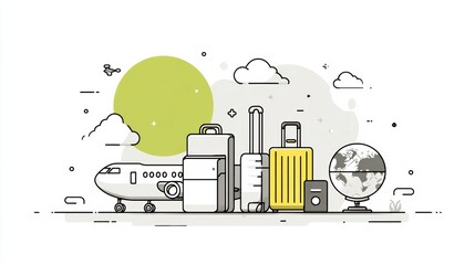 Linear Style Travel Illustration: Airplane, Luggage, Globe, Drone, Minimalist Design, Journey Concept