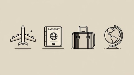 Minimalist Travel Icons: Airplane, Passport, Suitcase, Globe;  Flat Design, Beige Palette, Journey Concept.