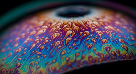 A macro shot of a vibrant iridescent soap bubble Its surface displays a mesmerizing swirling pattern of blue purple orange and yellow hues