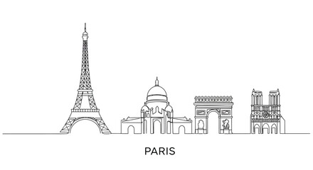 Paris skyline silhouette sketch of famous landmarks including eiffel tower arc de triomphe and sacr&eacute;-c&oelig;ur iconic french capital cityscape line art isolated on white background