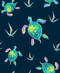 Seamless background with cute turtles and algae. Watercolor style for vintage designs. Print on fabric or wallpaper. Vector.