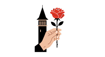 Elegant hand holding a red rose before a silhouetted clock tower symbolizing love romance architecture and time isolated on white background