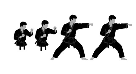 Karate fighter demonstrating punch sequence progression martial arts movement sequence action sport training dynamic combat technique isolated on white background