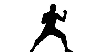 Martial arts silhouette of a traditional warrior in a dynamic stance performing a defensive kung fu move isolated on white background
