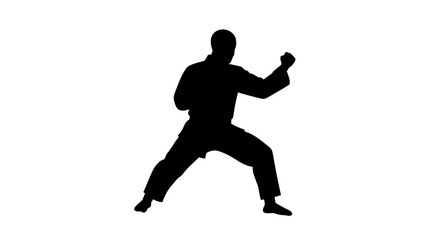 Dynamic silhouette of a martial artist in a fighting stance demonstrating strength and discipline in karate or taekwondo isolated on white background