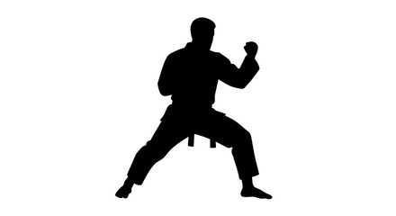 Obraz premium Martial arts silhouette dynamic action pose karate gi fighter performing kata training martial combat discipline and strength isolated on white background