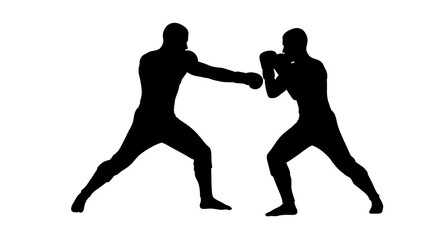 Silhouettes of two boxers in dynamic fighting stances engaged in a sparring match on a symbolizing combat and athletic competition. isolated on white background