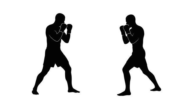 Silhouetted boxers in fighting stance ready for combat training or competition dynamic action pose sport martial arts athletic concept isolated on white background