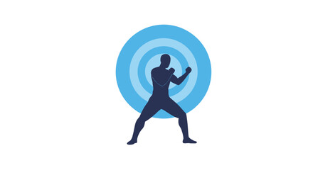 Silhouette of a powerful martial artist performing a dynamic energy blast attack with vibrant blue concentric circles emanating outwards isolated on white background
