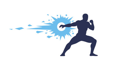 Dynamic silhouette of a male figure unleashing a powerful blue energy blast from fist isolated on white background
