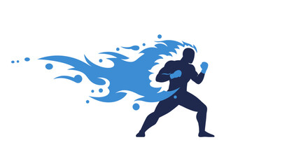 Dynamic superhero charging forward with powerful blue energy blast emanating from fists creating a fiery trail against white backdrop isolated on white background © MD