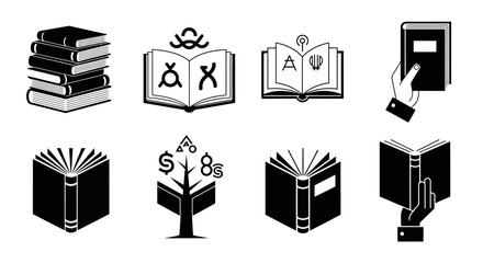 Collection of black and white icons representing various aspects of knowledge, education, and learning through books and symbols
