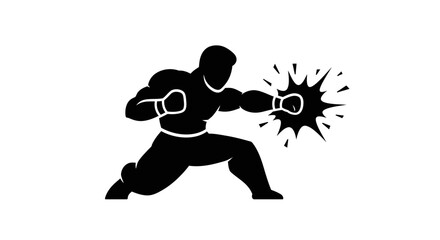 Dynamic silhouette of a muscular boxer delivering a powerful punch with explosive impact effect in bold black graphic style isolated on white background