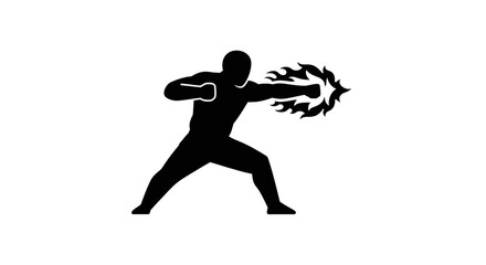 Silhouette martial artist delivering powerful punch with fiery energy burst symbolizing strength and combat prowess isolated on white background