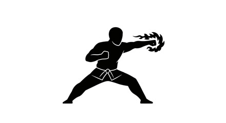 Dynamic silhouette of a martial artist performing a powerful punch with energy burst in a fighting stance for action sports and combat art isolated on white background