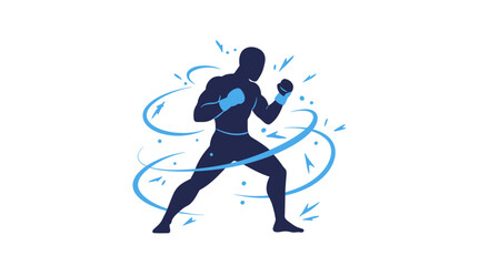 Dynamic silhouette of a boxer in fighting stance with abstract energetic swirls symbolizing power and agility isolated on white background