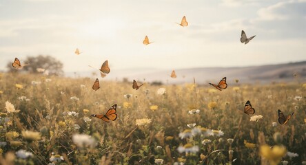 Butterflies Flying Over a Meadow at Sunrise Serene Nature Scene