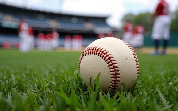 A well-worn baseball rests on the lush green grass of a baseball field with a blurred team in the background waiting for the game to begin. High quality