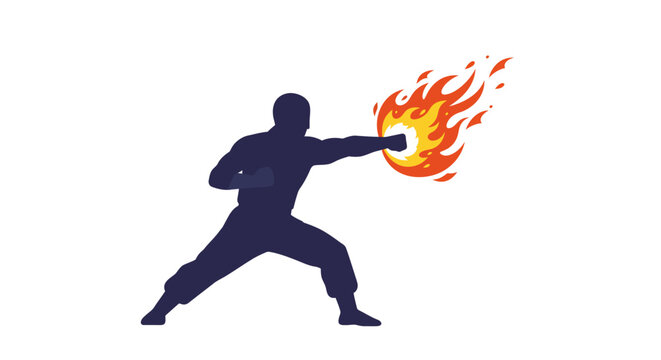 Dynamic silhouette of a martial artist performing a fiery punch unleashing intense energy for action and combat concepts isolated on white background