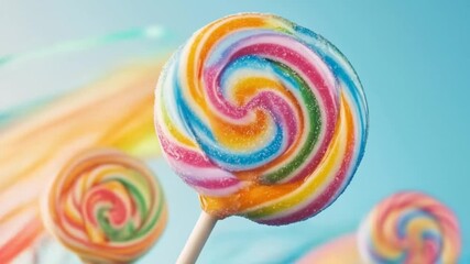 Vibrant swirl lollipops on sticks colorful candy treats against blue background - Powered by Adobe