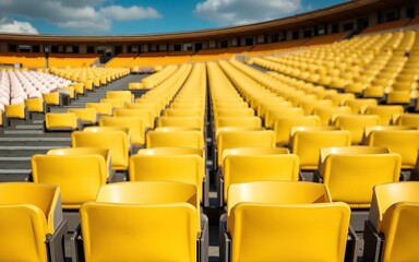 yellow tribunes. seats of tribune on sport stadium. empty outdoor arena. concept of fans. chairs for audience. cultural environment concept. color and symmetry. empty seats. modern stadium