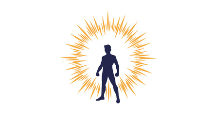 Silhouette of a person emitting a powerful golden energy burst radiating outwards in a dynamic explosive light effect against a clean white backdrop isolated on white background