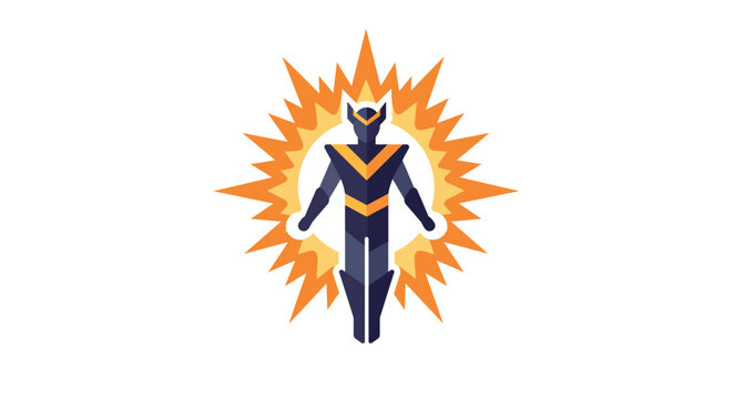 Radiant superhuman warrior with fiery aura energetic power burst celestial being cosmic energy display futuristic hero. isolated on white background