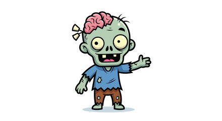Cute cartoon zombie with exposed brain and torn clothes giving a thumbs up gesture