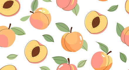 Sweet and Juicy Peach Fruit Seamless Pattern on White Background - Fresh Summer Harvest Repeatable Design for Fabric, Packaging, or Wallpaper