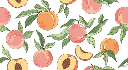 Fresh Ripe Peaches with Green Leaves Pattern - A Sweet Summer Fruit Illustration
