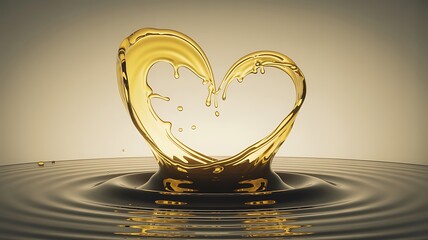 Golden liquid splashes upwards forming a perfect heart shape above rippling water surface with subtle reflections and soft lighting