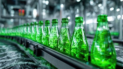 A Sequence of Green Glass Bottles on a Production Line in a Beverage Factory Showcasing Modern Manufacturing Processes and Quality Control in a Bright Industrial Setting