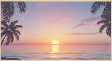 A sunset over the ocean framed by palm trees